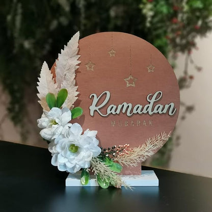 Ramadan Mubarak Artificial Flower Decorations, 12.2in Round Shape Wreaths Desktop Decor, Eid Al-fitr Mubarak Table Ornaments for Muslim Home Desk Fireplace Party Supplies
