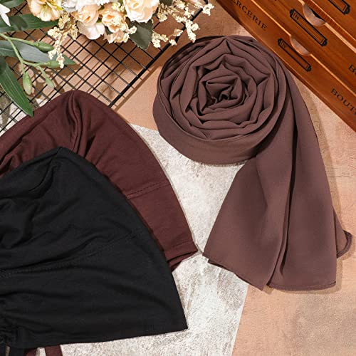 4 Pcs Women Chiffon Scarves 4 Pcs Hijab Caps Long Shawl Soft Wrap Scarves Islamic Muslim Underscarf Turban Caps Sleep Hats - color: Retro Colors