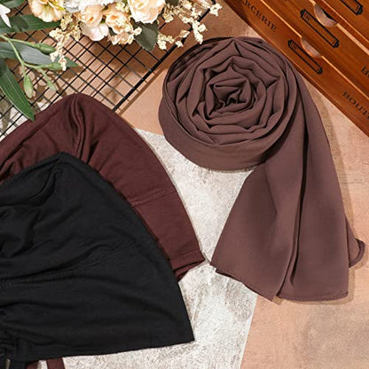 4 Pcs Women Chiffon Scarves 4 Pcs Hijab Caps Long Shawl Soft Wrap Scarves Islamic Muslim Underscarf Turban Caps Sleep Hats - color: Retro Colors