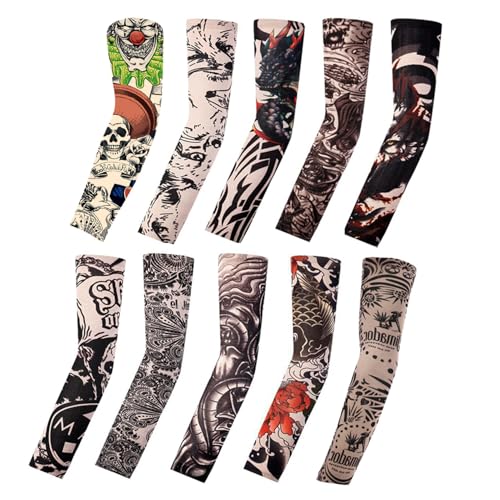 Tattoo Sleeves for Men Women Sun Protection UV Compression Arm Sleeves Breathable Skin Cover for Outdoor Sports - color: 023-10pc