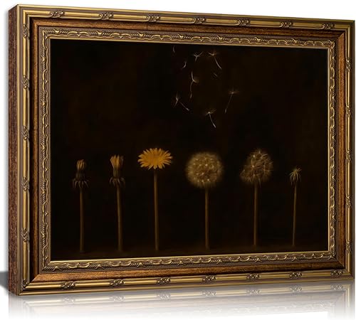 Vintage Gold Framed Dandelion Wall Art Moody Cottagecore Dandelion Painting Canvas Print Gothic Dark Plant Print Poster Wall Decor Botanical Nature Farmhouse Poster Artwork for Living Room Bedroom - color: Black Dandelion, size: 24"L x 16"W