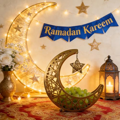 Ramadan Decoration Ramadan Trays, Metal Eid Mubarak Plates Moon Star Serving Trays Food Storage Containers Dinner Plate Dessert Platters Crescent Display Tray Holder for Eid Party Favor