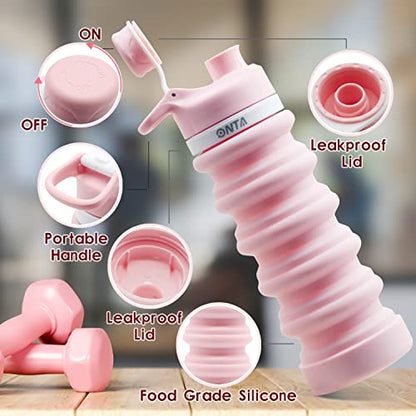 ONTA Collapsible BPA Free Silicone Water Bottle, 20oz - Portable, Leakproof, Easy Clean, Shatter Resistant, Travel Friendly - color: Pink, size: 18.6 Ounces