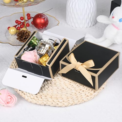 WLUSEAXI 12Pack Small Gift Boxes with Lids, 4.5''x4.5''x2'' Small Boxes for Gifts with Ribbons, Black Gift Boxes for Present, Birthday, Valentine's Day, Mother's Day, Holiday - color: Black