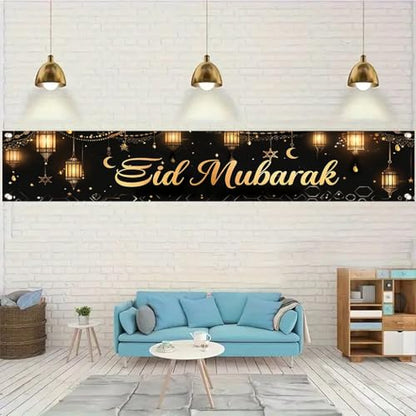 Eid Mubarak Outdoor Yard Banner 79x18 Inch Black Gold Islamic Lantern Crescent Moon Hanging Lights Backdrop for Muslim Ramadan Eid al-Fitr Lawn Fence Party Decorations