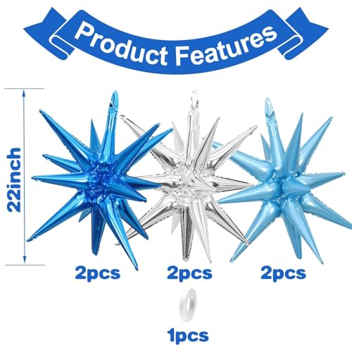Blue Silver Star Balloons, 6PCS 22 Inch Foil Explosion Star Balloons - color: Dark Blue Silver Blue