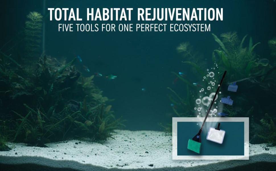 5-in-1 Aquariums Cleaning Kit, Extendable Tool for Fish Tank Maintenance, Includes Algae Scraper, Gravel Rake, Fish Net, Plant Clamp, Aquarium Brush, 16.9 x 4.1 x 1.2 in