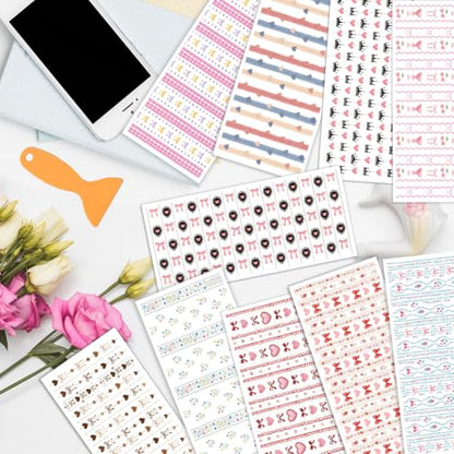arricraft 10 Sheets Cute Patterns UV DTF Cup Wrap for 16OZ Glass, Heart Bow Flower Strawberries Crown Cherries Rub on Decals PVC Transfer Stickers for DIY Cups Window Home Printing Decoration 24x11cm - style: Cute Patterns Theme
