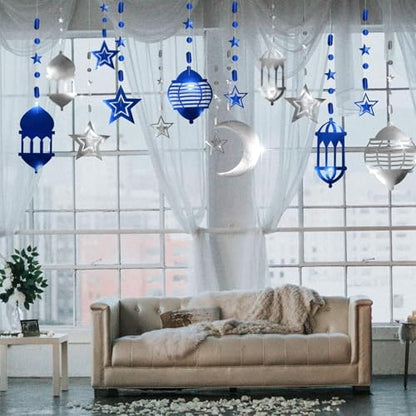 Cheerland Silver Blue Ramadan Decorations for Home Star Moon Lantern Garland Islamic Hanging Streamer Backdrop Eid Mubarak Decorations Lesser Bairam Holiday Celestial Banner Night Party Supplies 16pcs