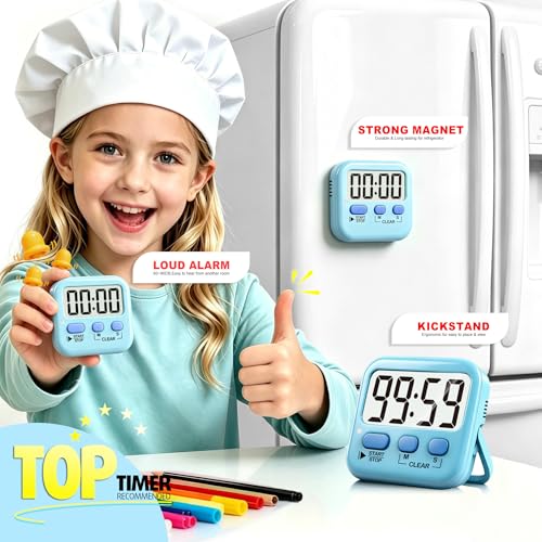 2 Pack Digital Timer for Kids Classroom Kitchen Timers for Cooking | w/ Battery, Easy to View, Alarm, Mute Mode, Count Down/Up, Magnetic, Kickstand, Hanging, Classroom Timer for Teacher Supplies - color: Clear Blue