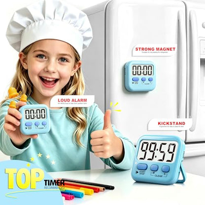 2 Pack Digital Timer for Kids Classroom Kitchen Timers for Cooking | w/ Battery, Easy to View, Alarm, Mute Mode, Count Down/Up, Magnetic, Kickstand, Hanging, Classroom Timer for Teacher Supplies - color: Clear Blue