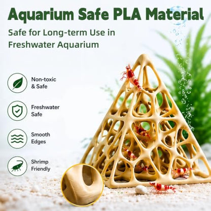 Shrimp Cave for Aquarium, 3D Printed Pyramid Hideout Shelter for Molting & Resting, Fish Tank Ornament Decor for Cherry Shrimp, Neocaridina, Dwarf Shrimp & Small Fish, Beige