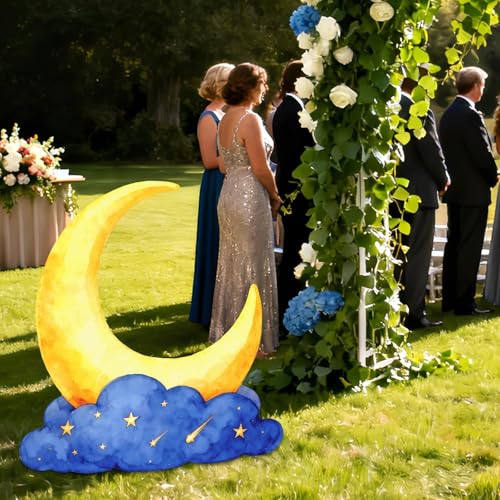 Large Crescent Moon Cardboard Cutout Decorations 3.3 Ft Moon Stand Up Backdrop Blue Gold Starry Night Party Photo Props for Birthday Wedding Eid Mubarak Homecoming Movie Night Baby Shower