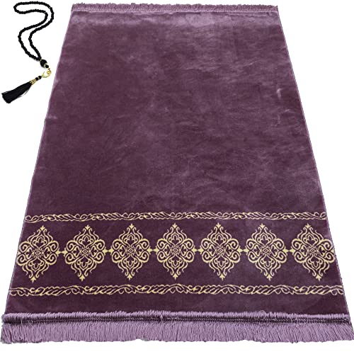 Modefa Turkish Islamic Prayer Rug - Large & Wide Soft Velvet Janamaz - Comfortable Muslim Praying Mat for Men & Women - Ramadan or Eid Gift - with Prayer Beads Tesbih - Grand Plush (Lilac) - color: Lilac