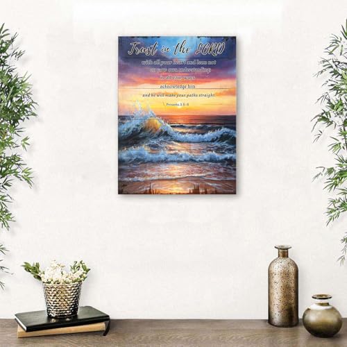 Ocean Christian Wall Art Proverbs 3 5-6 Bible Verse Wall Decor Trust in The Lord With All Your Heart Scripture Poster Sunset Coastal Beach Canvas Prints Artwork Living Room Bedroom Decoration 12x16" - color: Christian02, size: 16"L x 12"W