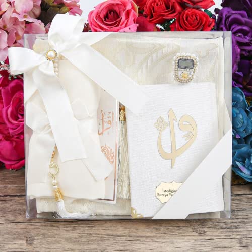 Yaseen Dua Book Shawl Prayer Rug Misbaha and Bookmark Islamic Gift Set | Muslim Favor Set for Women, Eid Ramadan Birthday Gift for Her (White) - color: White