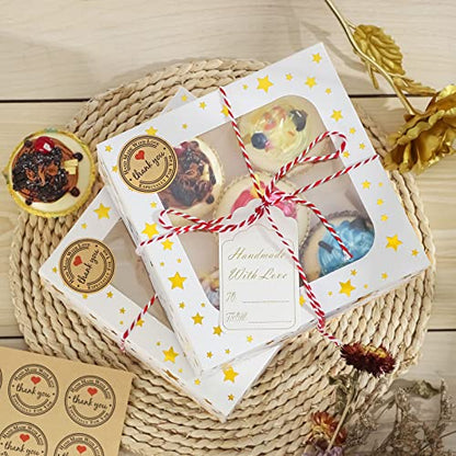 24 Pack 6X6X3 Christmas Cookie Boxes for Gift Giving Gold Foil Star White Bakery Boxes with Window 6 Inch Small Treat Boxes for Mini Cake Pastry Dessert Cupcakes Candy Donut Packaging - color: Gold Star-White