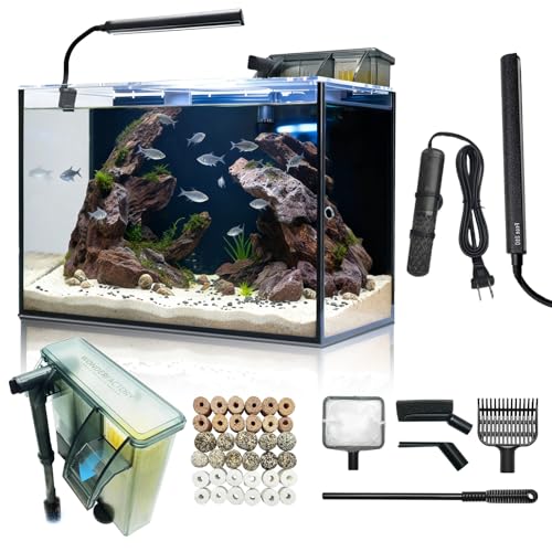 Aquarium Desktop Set, 10.1 Gallon, Small Fish Tank, Ultra Clear Glass with Self-Cleaning Filter, Bright Light, Heating, Stones, Gravel, Cleaning Tool, Rimless Fish Bowl for Beginners, Starter Kit - size: 10.1 gallon