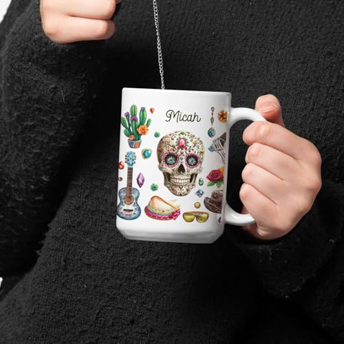 Personalized Name Ceramic Cup, Custom Artistic Skull Coffee Mug, Customized Mexican Inspired Full Wrap Cup, Vibrant Floral And Cactus White Cup 11oz 15oz, Gift For Friends Family - color: XUA-1124-3659-Mexican Holiday Mug