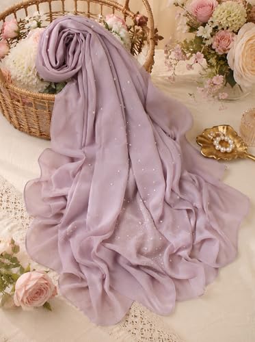 Chiffon Hijab Scarf for Women, Rhinestone Pearl Muslim Head Scarf, Lightweight Shawl Wrap - color: Light Purple