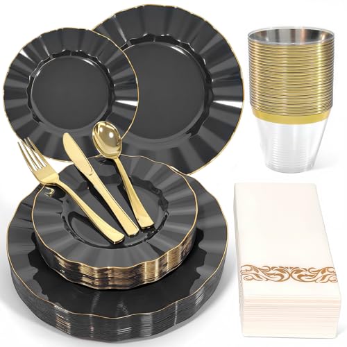 Glowserve 175 Piece Disposable Plastic Plates Dinnerware Set for 25 Guests - color: Black