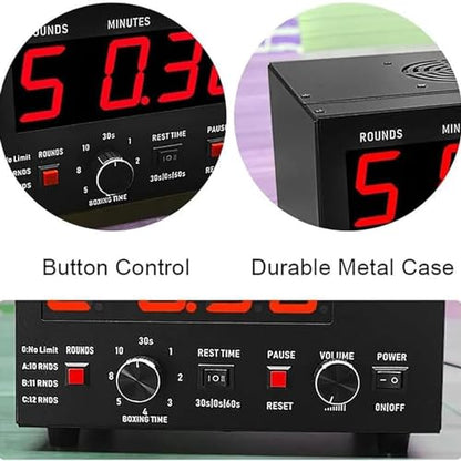 Classic Boxing Interval Timer, Professional Gym Timer with 1-12 Challenge Rounds and Adjustable Buzzer Alarm, 30S-10min Training and 0/30/60S Rest Time, Cycle Repetitions, for MMA/Kickboxing