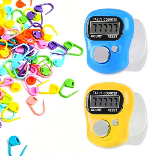 2 Pcs Tally Counters with 50 Pcs Stitch Markers, Resettable LCD Digital Finger Counter,Durable Smooth & Burr-Free Stitch Markers,for Crochet, Knitting, Weaving, Counting Tasks, Score, Coaching