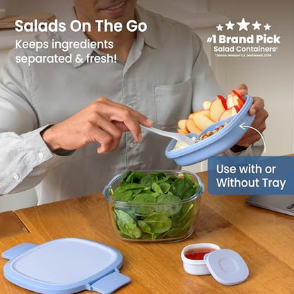 Bentgo Glass Salad Container - 7.6-Cup Salad Bowl with Airtight Lid, Leak-Proof Sauce Container, 4-Compartment Bento Tray & Reusable Fork - BPA-Free for Meal Prep, Office & More (Light Blue) - color: Light Blue