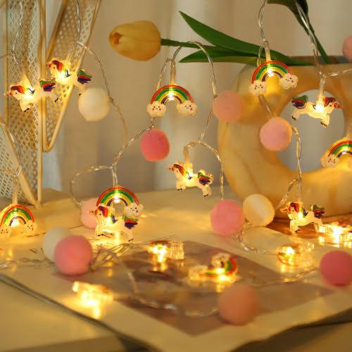ChiRee Pink Pom Poms with Unicorn and Rainbow String Lights - color: Pink Pompoms-Unicorn & Rainbow