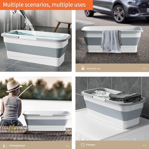 Foldable Mop Bucket with Dual Handles, Rectangular Collapsible Bucket, for House Cleaning, Camping & RV Use (12 L (3.2 Gallons), White Grey) - color: White Grey, size: 12 L