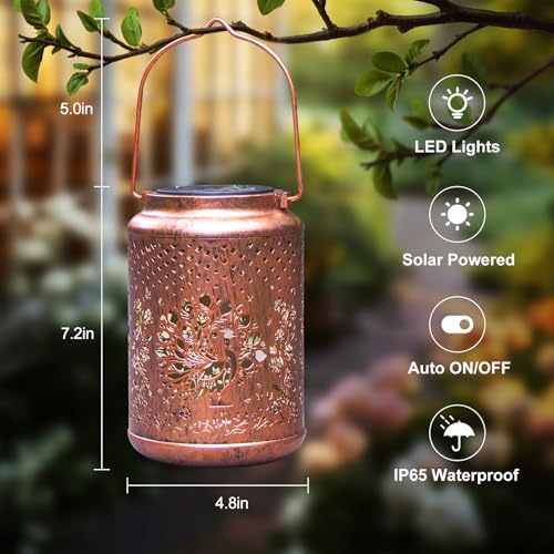 YISITEONE Peacock Outdoor Solar Lanterns, Garden Waterproof Metal Hanging Decor Lights for Patio Yard Pathway Lawn Front Porch, Birthday Gardening Gifts for Women Mom Grandma - style: Peacock