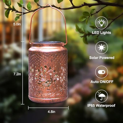 YISITEONE Peacock Outdoor Solar Lanterns, Garden Waterproof Metal Hanging Decor Lights for Patio Yard Pathway Lawn Front Porch, Birthday Gardening Gifts for Women Mom Grandma - style: Peacock