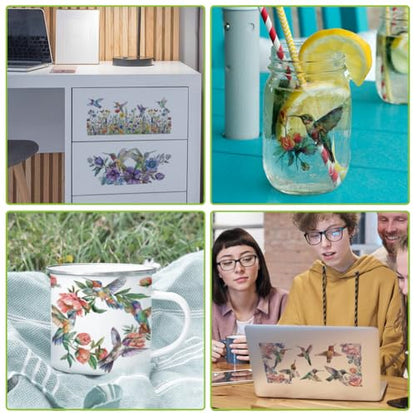 arricraft 10 Sheets UV DTF Cup Wrap Transfer Stickers, 10 Styles 9.45x4.33 Inchs Hummingbird Flower Rub on Transfers Decal for 16OZ Glass Cups Furniture Craft Wood DIY Crafts - style: Hummingbird