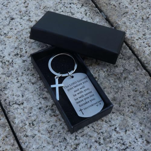 Inspirational Scripture Keychain with Cross - Bible Verse Matte Key Chain Religious Gift for Christian - style: Deuteronomy 31:8
