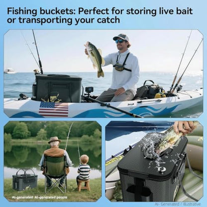 Fishing Bucket Foldable， 6Gallon/8Gallon/10Gallon,Live Fish Container Multi-Functional Live Fish Bait Bucket,for Fishing, Camping, Moving - color: Black-a