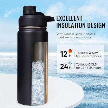 Fijinhom Insulated Water Bottle with Handle, 304 Stainless Steel Water Bottles with Wide Mouth, Double Wall Vacuum Sports Water Bottle, BPA Free, Keep Cold and Hot, 18 Ounces, Black - color: Black, size: 18 Ounces