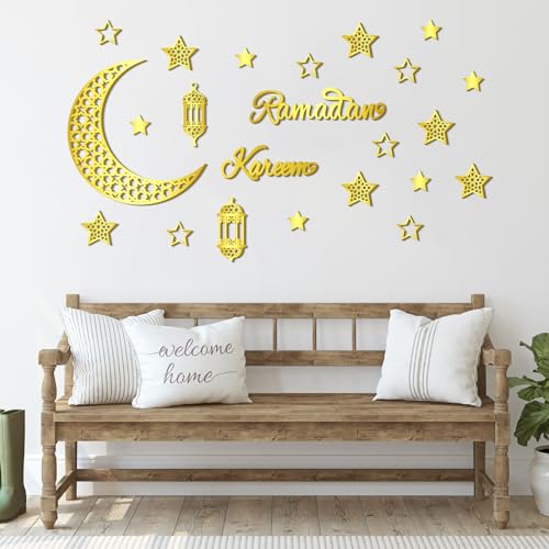 Geelin 23 Pcs Ramadan Decorations for Home 2026 Eid Ramadan Kareem Mubarak Wall Decor Islamic Wooden Gold Moon Star Lantern Wall Art Sign for Living Room Bedroom Muslim Arabic Party Supplies(Kareem) - style: Kareem
