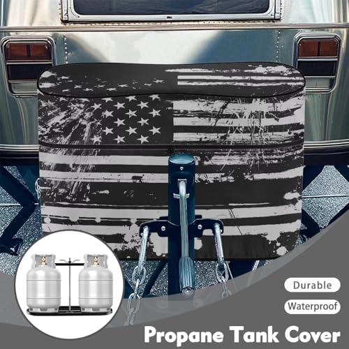 Howilath Heavy Duty RV Propane Tank Cover for Dual 30Lb Tanks Weather Resistant Dark American Flag Gas Cylinder Cover - color: Dark American Flag, size: Medium(Double 30LB)