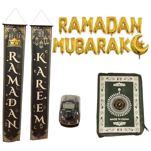 Ramadan Kareem Banner Hanging Decor and Ramadan Foil Balloons for Indoor Outdoor Decoration Islamic Muslim Party Supplies and Ring Counter 72"x12" (RK+FOIL+Ring CTR) - color: Rm