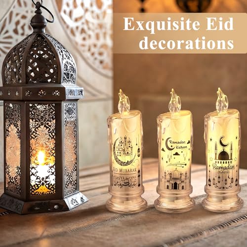 VIHOSE 3 Pcs Ramadan Decorations for Home Eid Mubarak Flameless Candles LED Battery Operated Candles Muslim Moon Decorative Lights for Home Muslim Ramadan Decorations
