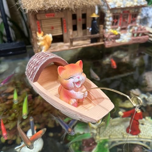 Floating Aquarium Decor, Resin Fishing Cat Fish Tank Decorations, Floating Boat Fish Tank Landscape Decoration, Cute Little Cat Aquarium Decoration for Betta,Guppy and Shrimp, 1 Piece
