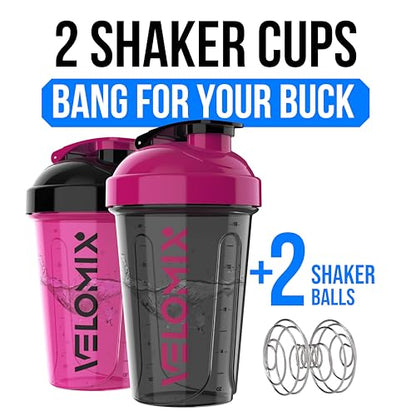 VELOMIX -2 Pack- 20 oz Protein Shaker Bottles for Protein Mixes - 2x Wire Whisk | Leak Proof Shaker Cups for Protein Shakes and Pre Workout | Protein Shaker Bottle Pack (A6) Black/Pink - color: A6) Black/Pink