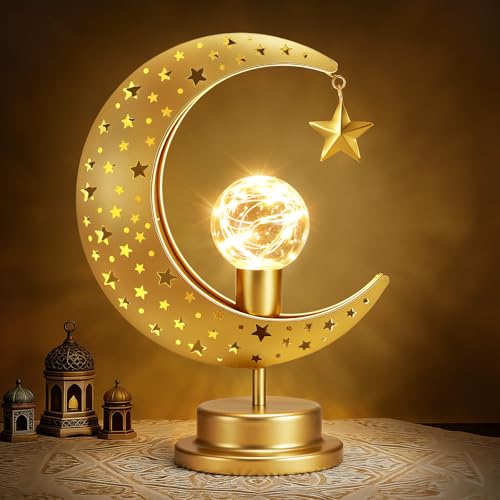 Lewondr Ramadan Moon Lamp, Crescent Moon with Star Table Lamp, Battery Powered Ramadan Desk Lamp Decorations Crescent Table Light Bedside Night Stand Desktop Living Room Home Decor, Eid Mubarak Decor - style: Crescent Moon with Star