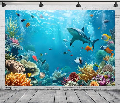 7x5FT Under The Sea Backdrop Ocean Underwater World Aquarium Coral Tropical Ornamental Fish Background for Baby Shower Birthday Party Decorations Vinyl