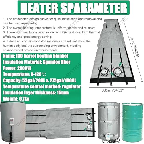 IBC Tote Heater Blanket, 55 Gallon/275 Gallon Heating Pad for Winter, Full Cover IBC Tote/Tank Heater Blanket Oil Drum Heater, Metal Drum Heater, Adjustable Temp 0~150℃ Grey-55Gallon/200L - color: Gray, size: 55Gallon/200L