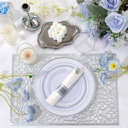 175PCS White Silver Plastic Dinnerware Set for 25 Guests, Fancy Disposable Plates for Party, Include: 25 Dinner Plates, 25 Dessert Plates, 25 Pre Rolled Napkins with Silver Silverware, 25 Cups - color: White and Silver