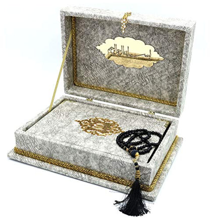 Modefa Islamic Turkish Holy Quran in Arabic with Keepsake Velvet Gift Case & Prayer Beads (Grey) - color: Grey