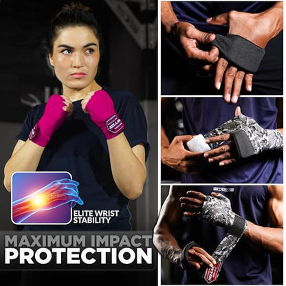 WYOX Boxing Hand Wraps & Gel Knuckle Guards Set for MMA, Muay Thai & Kickboxing - 2 Pair Hand Wraps + 1 Pair Knuckle Guards - Hand Wrist Protection for Men & Women Training - color: Pink/Black
