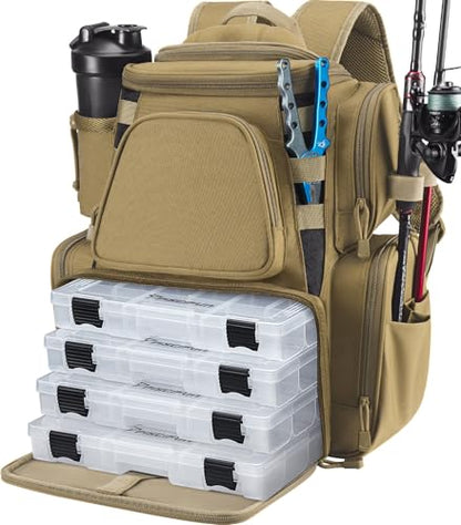 Piscifun Fishing Tackle Backpack with 2 Rod Holders, 4 Boxes & Rain Cover | Multi-pocket storage, fits 3600/3700 trays, bottle holder, padded straps for bank fishing - color: Khaki