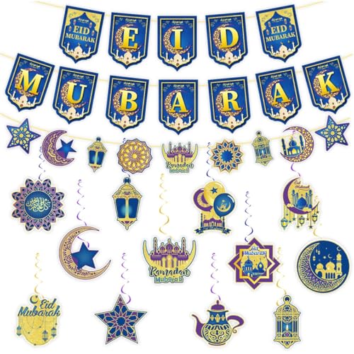 Ramadan Decorations for Home,Blue and Gold Ramadan Eid Mubarak Banner, Hanging Swirls Streamer Bunting for Muslim Islamic Kareem Festival Al-Fitr Iftar Party Favors Supplies